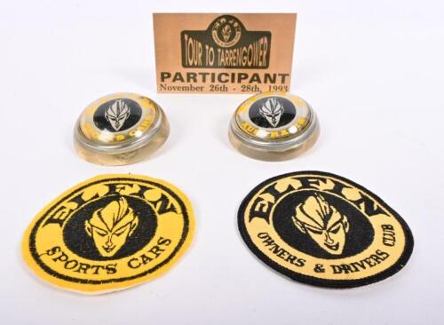 ELFIN: Five Elfin Sports Car items including two paper weights, two cloth patches and a rally plaque