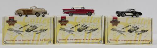 MATCHBOX: 3 NOS 1:43 scale Matchbox:- Chevrolet 1957 Bel Air; Chrysler 1947 Town & Country; and Chevrolet 1956 Corvette die-cast models - each with Certificate of Authenticity