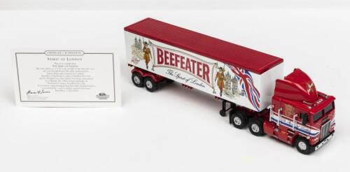 FREIGHTLINER: A NOS 1:58 scale Matchbox Freightliner Truck with "Beefeater" Dry Gin Liveried Trailer with Certificate of Authenticity die-cast model