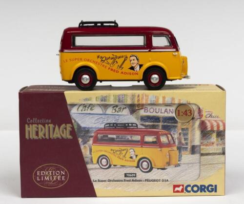 PEUGEOT: A NOS 1:43 scale Corgi Peugeot D3A "Pinder" Circus Vehicle with "Le Super Orchestre Fred Alison" Graphics die-cast model