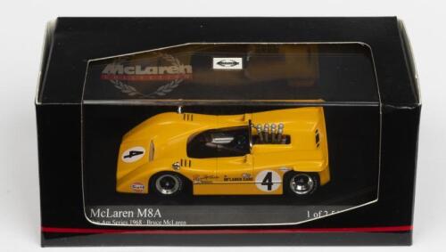McLAREN: A NOS 1:43 scale Minichamps McLaren M8A #4 1968 CanAm Bruce McLaren die-cast model