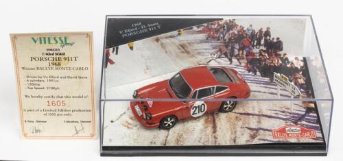 PORSCHE: A NOS 1:43 scale Vitesse Porsche 911 T #210 1968 Winner Rallye Monte Carlo V. Elford/D. Stone die-cast model with numbered certificate