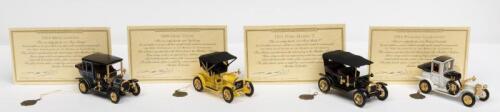 MATCHBOX: Four NOS Matchbox 40th Anniversary of the Models of Yesteryear: Ford 1911 Model T, Benz 1910 Limited, Opel 1909 Coupe and Packard 1912 Laundaulet die-cast models each with Certificate of Authenticity