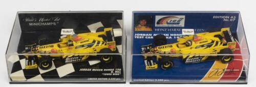 JORDAN: A NOS 1:43 scale Minichamps Formula 1 Jordan Mugen 198 Honda 1998 D. Hill "Tower Wing" #9 & Frentzen Suzuka Test Car #10 die-cast models Qty: 2