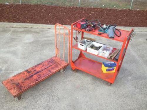TROLLIES: Two trollies, one red three tier, one orange with long flat deck