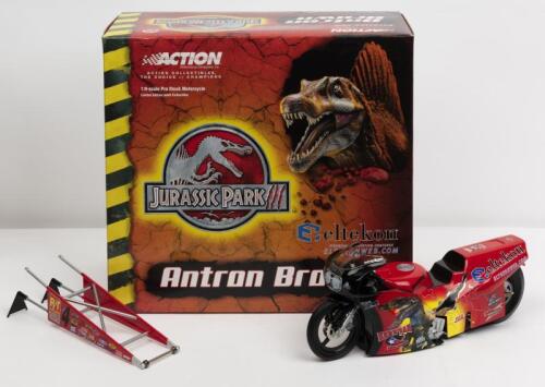 JURASSIC PARK: A NOS 1:9 scale Action Collectibles Pro Stock Motorcycle Antron Brown #4 "Jurassic Park" die-cast model