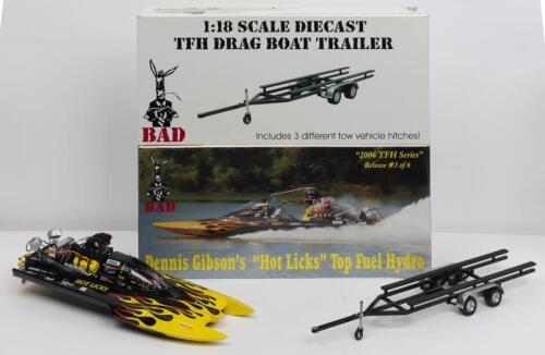 TOP FUEL HYDRO BOAT: A NOS 1:18 scale Bad Ass Top Fuel Hydro Drag Boat "Hot Licks" & Drag Boat Trailer die-cast models Qty:2