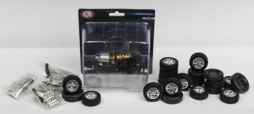CAR PARTS: NOS Car Parts including Acme Engine & Transmission 1/18 Scale, Wheels/Tyres Qty 21, Engine Manifold with Belt & Pulley Qty 6