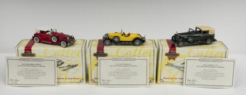 MATCHBOX: Three NOS 1:43 scale Matchbox "Cars of the Rich & Infamous Collection":- Duesenberg 1930 Model J; Stutz 1931 Bearcat; and Cadillac 1933 V-16 die-cast models - each with Certificate of Authenticity