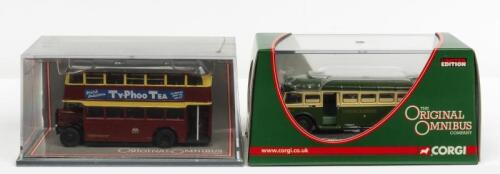 CORGI: NOS 1:76 scale Corgi Guy Arab Utility Bus "Ty-Phoo Tea" & AEC Single Deck "London Transport" Bus die-cast models, Qty 2