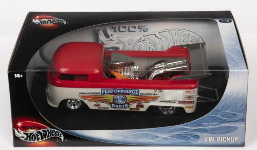 VOLKSWAGEN: A NOS 1:18 scale Hot Wheels Volkswagen Pickup Red/White Drag Bus - Customised die-cast model