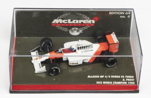 McLAREN: A NOS 1:64 scale Minichamps Formula 1 McLaren 1988 MP 4/4 Alain Prost #11 "Shell" Vice World Champion die-cast model