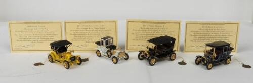 MATCHBOX: Four NOS Matchbox "The 40th Anniversary of the Models of Yesteryear": Ford 1911 Model T, Benz 1910 Limited, Opel 1909 Coupe and Packard 1912 Landaulet die-cast models each with Certificate of Authenticity and solid brass medallion