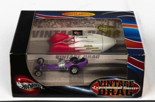 HOT WHEELS: A NOS Hot Wheels Twin Set "Vintage Drag Experimental Racers" comprising "Jocko's Streamlined Dragster" & "Rapp-Rossi-Maldonado's purple dragster" die-cast models