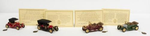 MATCHBOX: Four NOS Matchbox "The 40th Anniversary of the Models of Yesteryear": Daimler 1911 Type A12, Maxwell 1911 Roadster, Prince Henry 1914 Vauxhall and 1912 Simplex die-cast models each with Certificate of Authenticity and solid brass medallion