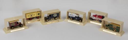 MATCHBOX: Six NOS 1:43 scale Matchbox Models of Yesteryear"Great Beers of the World Collection":- Ford TT Van "Anchor Stream Beer"/Ford T Van "Kirin Lager"/Garrett Steam "Flowers Fine Ales"/Ford AA Van "Corona Extra"/Mercedes Benz "Henninger Brau"/Morris 