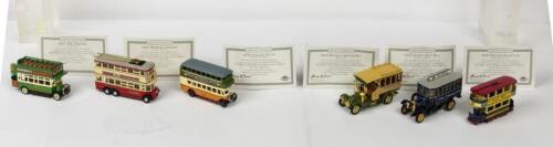 MATCHBOX: Six NOS Matchbox Models of Yesteryear"The Trolleys, Trams & Buses European Transit Collection": Preston 1920 Tram Car/Leyland 1930 Titan/Diddler 1931 Trolley/Scania 1922 Post Bus/AEC 1922 Omnibus/Renault 1910 Motor Bus die-cast models each with 