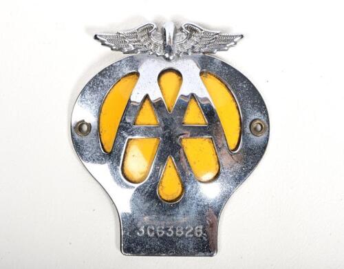 AUTOMOTIVE ASSOCIATION: A circa 1970s Automobile Association AA, chrome on brass with yellow painted pressed metal back, membership no 3C63826, 10.5cm high