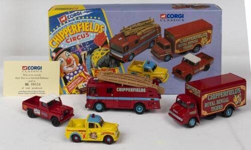 CORGI: A NOS Corgi "Chipperfields Circus" including Land Rover, Morris Minor Pick-Up, Thames Trader & AEC Fire Engine die-cast models with numbered Certificate