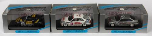 BMW: Three NOS 1:43 scale Minichamps BMW 318i #3 1995 "DHL", BMW 325i #23 coupe "Fina First Gold" & BMW 325i #27 coupe "Herpa" die-cast models