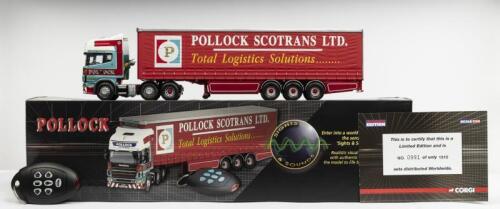 SCANIA: A NOS 1:50 scale Corgi Scania Topside & Curtainside Trailer "Pollock Scotrans Ltd" die-cast model with Numbered Certificate