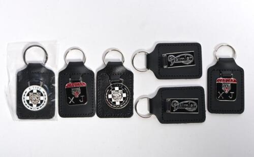 KEYRINGS: Six keyrings for British marques and models. Two 'Daimler' keyrings, two 'E-TYPE' keyrings, two 'JAGUAR XJ' keyrings