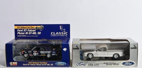 FORD: Two 1:43 scale CLASSIC CARLECTABLES Ford Falcon. 1972 Bathurst 2nd Place Ford XY Falcon Phase III GT-HO, 5D, Limited Edition 1714/1750 & Winter White Ford XR8 Ute, Limited Edition 0960/2500