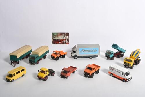 MERCEDES-BENZ: An interesting collection of Mercedes-Benz commercial vehicles. Unimog, Covered Trailer and Wagon, Dump Truck, vans