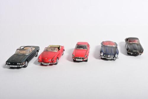 DINKY (MATCHBOX): A group of five DINKY (Matchbox) models. Jaguar, MG, Triumph, Mercedes-Benz, Karmann-Ghia