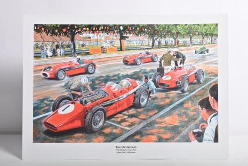 MASERATI / FERRARI: A high quality print after the original artwork - 'THE OLYMPIANS' - featuring the 1956 Albert Park Grand Prix
