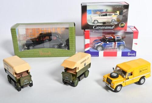 ENGLISH DIECAST: A group of six diecast models of English theme. 'HARROD'S' livery 1919 Walker vans by Matchbox, Land Rover Series III 109 in yellow with 'AA Services' livery