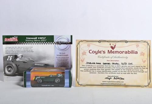 MOSS: A 1:43 scale Grand Prix LEGENDS OF FORMULA 1 Vanwall VW 57 - 1957 as raced by Stirling Moss. Stirling Moss signature