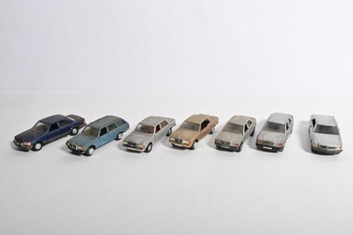 MERCEDES-BENZ: Seven 1:35 scale Mercedes-Benz models by various model manufacturers. Station Wagon, E-Class, S-Class models, 190E