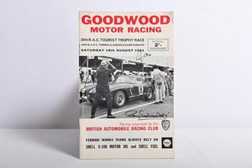 GOODWOOD: An original issue of 'GOODWOOD MOTOR RACING, 26th R.A.C. TOURIST TROPHY RACE' Saturday 19th August 1961' Official Programme. Front cover of programme signed by Stirling Moss, Roy Salvadori