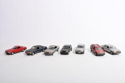 MERCEDES-BENZ: Seven 1:35 scale Mercedes-Benz models by various model manufacturers. Station Wagon, E-Class, S-Class models, 190E 2.3-16, 300SL models