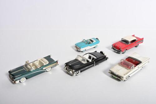 AMERICAN CARS: Five American cars by DINKY (Matchbox). 1957 Chevrolet Belair Sport Coupe (DYG-02), CADILLAC ELDORADO 1953 (DYG13-M), METROPOLITAN (DYG15-M) models