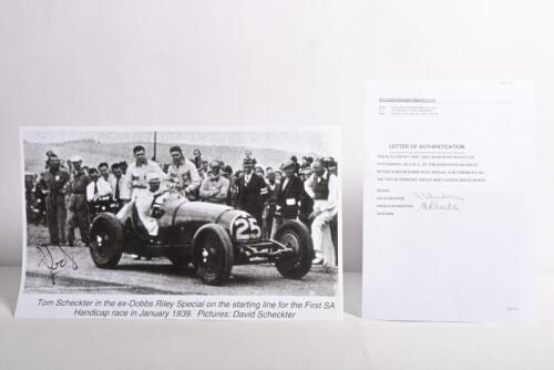 SCHECKTER: An interesting black and white image of Tom Scheckter sitting in his ex-Dobbs Riley Special for the first South African Handicap race in January 1939. Picture signed by Jody Scheckter, nephew of Tom Scheckter. Letter of Authentication