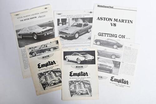 ASTON MARTIN: Six black and white Aston Martin sales brochures and road test. Three 1960's/1970's 'Emptor' (Victorian Aston Martin distributors) Aston Martin sales brochures for DB6 MARK II, DBS V8, DB6 AND VOLANTE, DBS models