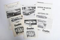ASTON MARTIN: Six black and white Aston Martin sales brochures and road test. Three 1960's/1970's 'Emptor' (Victorian Aston Martin distributors) Aston Martin sales brochures for DB6 MARK II, DBS V8, DB6 AND VOLANTE, DBS models
