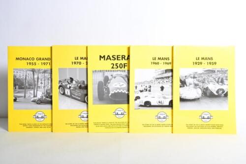 UNIQUE MOTOR BOOKS: A collection of softcover publications by UNIQUE BOOKS. Titles include 'MASERATI 250F', 'MONACO GRAND PRIX 1955 - 1971', 'LE MANS 1929 - 1959'