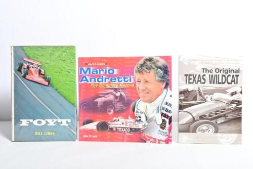 INDYCARS: Three books detailing IndyCar drivers. 'FOYT' hardcover by Bill Libby. 'The Original Texas Wildcat' softcover book by Tony McGirr. McGirr signature