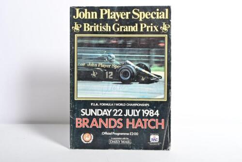 DE ANGELIS: An original 'John Player Special British Grand Prix', Sunday 22 July 1984 BRANDS HATCH' Official Programme. Front cover signed by Elio de Angelis