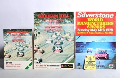 BRITISH MOTOR RACING: Two Official Programmes from British motor sport events. 'Silverstone WORLD MANUFACTURERS 6 HOURS', Sunday May 14th 1978 programme with 'PADDOCK TRANSFER' ticket & 'GRAHAM HILL INTERNATIONAL TROPHY FOR FORMULA 1 GRAND-PRIX CARS, S