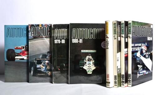 AUTOCOURSE: Nine editions of 'AUTOCOURSE'. Year range from 1976-77 to 1986-87. 198-81 edition with Frank Williams signature