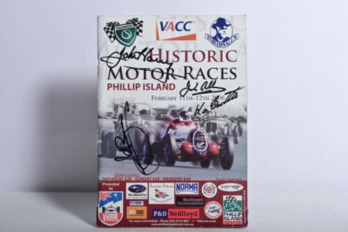 PHILLIP ISLAND: A February 2006 'HISTORIC MOTOR RACES - PHILLIP ISLAND' Official Programme. Front cover signed by various racing drivers including Sir Jack Brabham, Kevin Bartlett, John Bowe, John Harvey
