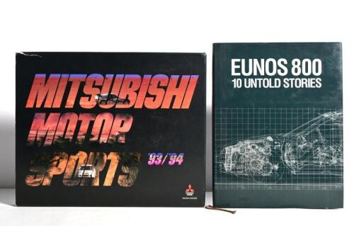 JAPANESE: 'Two hardcover books. 'MITSUBISHI MOTOR SPORTS '93/'94' by Mitsubishi Motors with sticker set and slip cover & 'EUNOS 800 - 10 UNTOLD STORIES' by Mazda