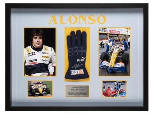 ALONSO: A box framed collage relating to F1 World Champion Fernando Alonso. PUMA driving glove signed by Fernando Alonso. Superb
