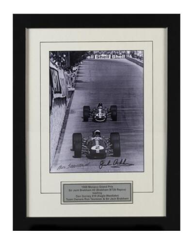 BRABHAM: A black and white image of Sir Jack Brabham #2 (Brabham BT26 Repco) leading Dan Gurney #19 (Eagle-Westlake) at the 1968 Monaco Grand Prix. Image signed by team owners Sir Jack Brabham & designer Ron Tauranac