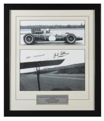 BRABHAM: A series of mounted black and white images of wind test photos of the Brabham MRD as taken by designer Ron Tauranac. Image signed by Sir Jack Brabham and Ron Tauranac