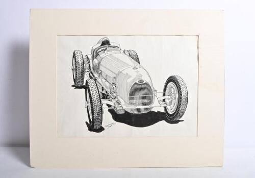 BUGATTI: An original 1938 Bugatti 3-Litre ink drawing by R.Shepherd